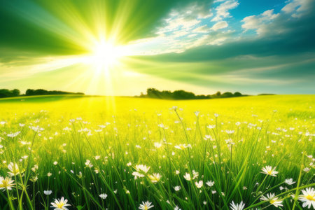 Green meadow with daisies and sun. Nature composition.