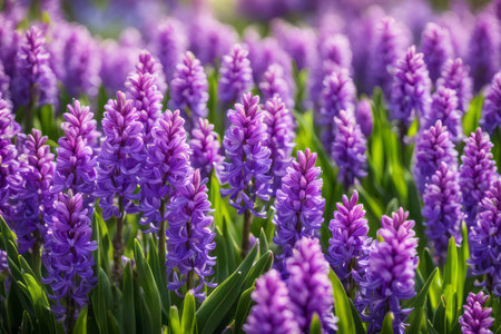Purple hyacinths blooming in the garden. Spring backgroundの素材
