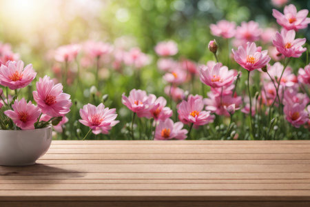 Wood table top with pink cosmos flowers in pot on blurred nature background.の素材