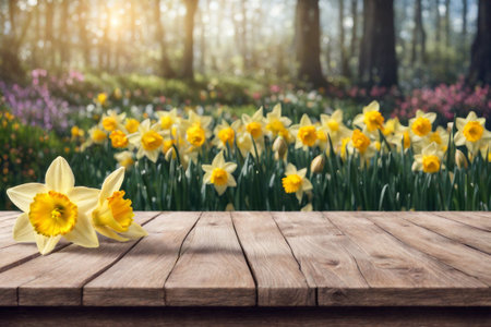 Wooden table with daffodils in the park. Spring backgroundの素材