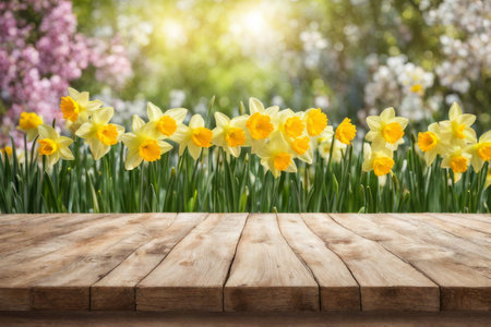 Empty wooden table with daffodils in front of blurred backgroundの素材