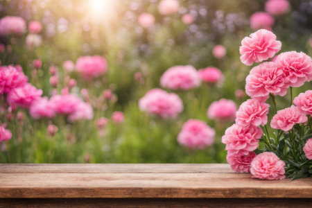 Wooden table with pink carnation flowers in the garden. Natural background.の素材