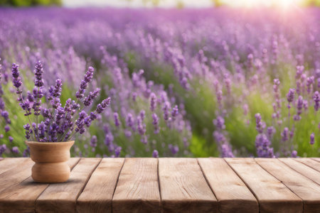 Empty wooden table over lavender field background, product display montageの素材
