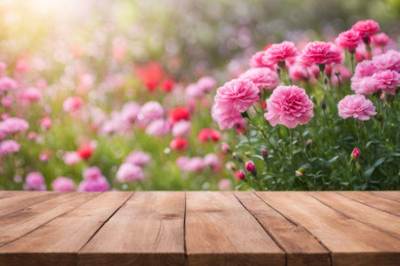 Wooden table with pink carnation flowers in the garden background.の素材