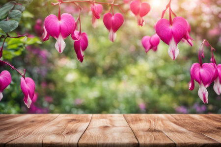 Wooden table with pink heart shape flowers on bokeh backgroundの素材