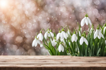 Wooden table with snowdrop flowers on bokeh background.の素材
