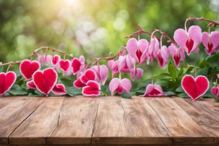 Empty wooden table with pink heart shape flowers on bokeh backgroundの素材