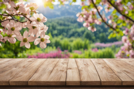 Empty wooden deck table with spring blossom background. For product displayの素材