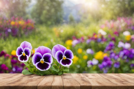 Wooden table with pansy flowers on blurred nature background, product displayの素材