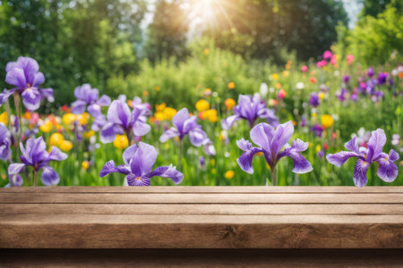 Wooden table top on blurred background of spring garden with colorful flowersの素材