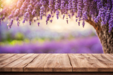 Empty wooden table over blurred lavender field background, product display montageの素材