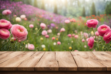 Wooden table top on blurred colorful flower garden background, can be used for display or montage your productsの素材