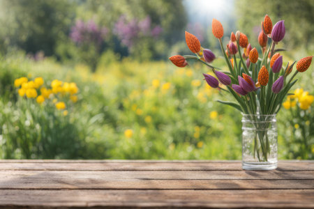 Vase with crocuses on wooden table in summer garden.の素材