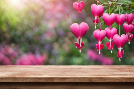 Empty wooden table and pink heart on bokeh background. For product displayの素材