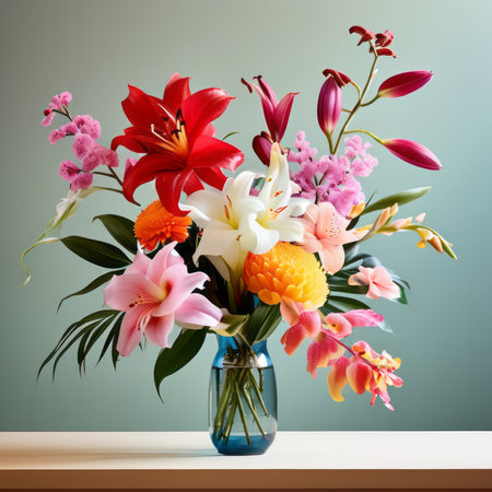 Bouquet of lilies and other flowers in a vaseの素材