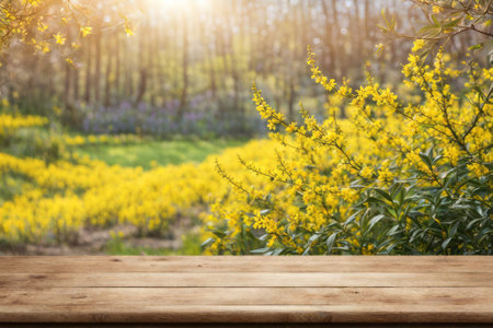 Empty wooden table and blooming spring garden background. For product displayの素材