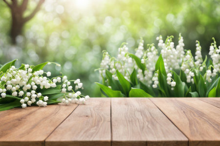 Wooden table with lily of the valley flowers on bokeh backgroundの素材