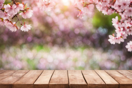 Wooden table top on blurred spring cherry blossoms background. Mock up for display of productの素材