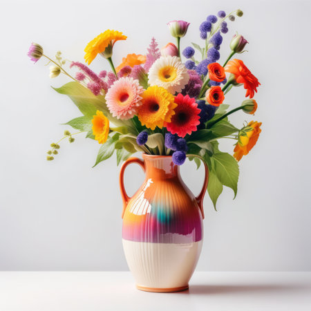 Bouquet of colorful flowers in vase on white table.の素材