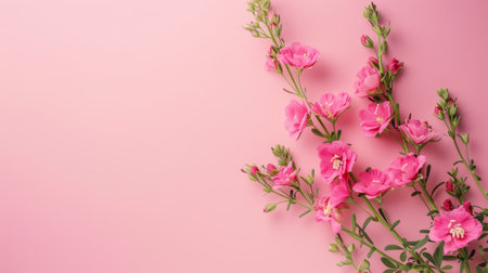 Pink flowers on pink background. Flat lay, top view, copy spaceの素材