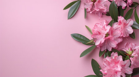 Pink rhododendron flowers on a pink background with copy spaceの素材