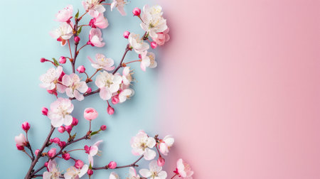 Spring cherry blossom flowers on pink and blue background with copy spaceの素材