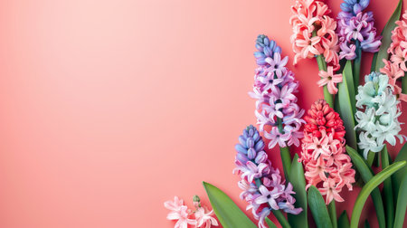 Colorful hyacinths on pink background. Spring flowers.の素材