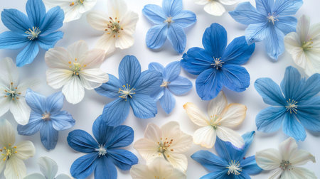 Flowers composition. Blue and white flowers on white background. Flat lay, top view, copy spaceの素材