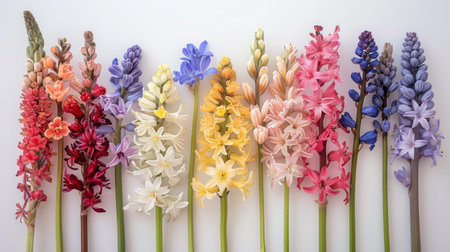 Colorful hyacinth flowers on white background. Flat lay.の素材