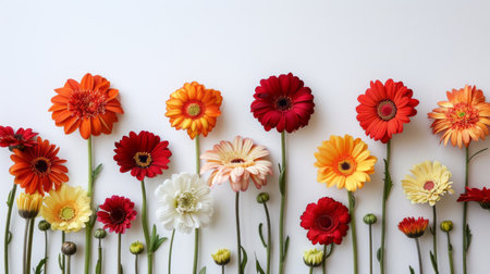 Colorful gerbera flowers on white background. Flat lay, top view.の素材