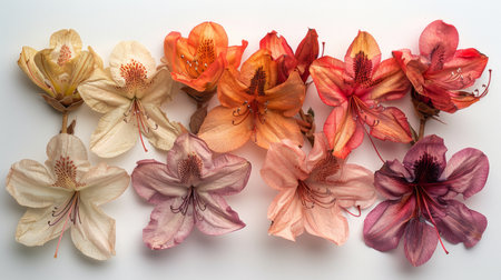 rhododendron flowers on a white background, top viewの素材