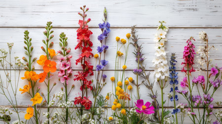 Colorful wildflowers on white wooden background with copy space.の素材