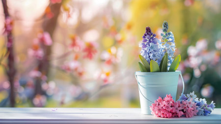 Colorful hyacinths in a vase on the tableの素材