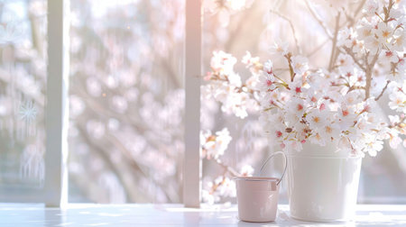 Cherry blossoms in vase on the windowsill. Spring backgroundの素材
