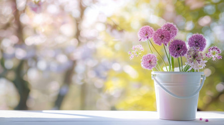 Pink flowers in white bucket on the wooden table with blurred background.の素材