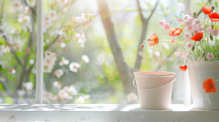 Poppy flower in vase on window sill with bokeh backgroundの素材