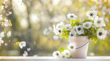White anemone flowers in vase on wooden table with bokeh backgroundの素材