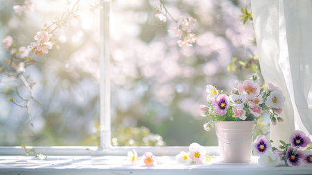 Flowers in a vase on the windowsill, spring backgroundの素材