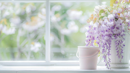 Wisteria flowers in vase on window sill with bokeh backgroundの素材