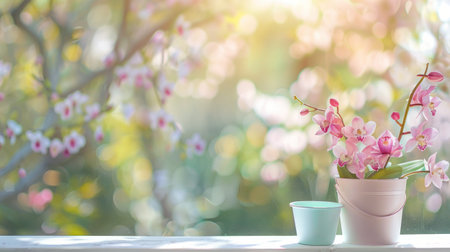Pink orchid flower in vase on the windowsill with bokeh backgroundの素材