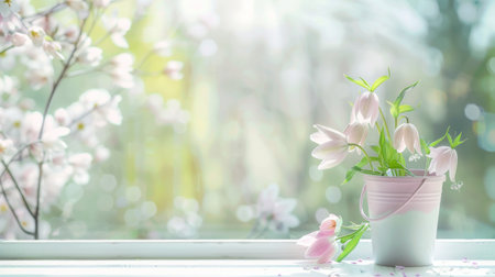 Spring flowers in vase on the windowsill with bokeh backgroundの素材