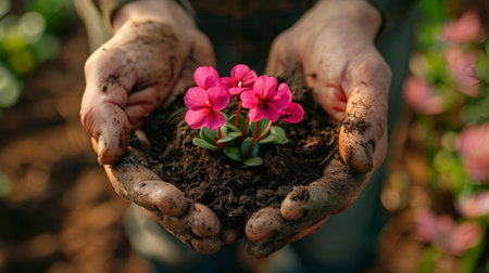 Hands of the gardener holding a plant with pink flowers.の素材