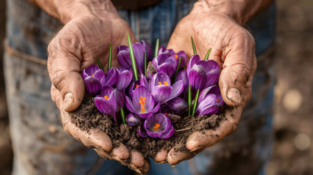 Crocus in the hands of an elderly man. Selective focus. nature.の素材