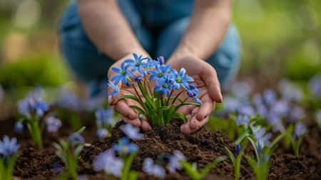 Closeup of woman's hands planting blue snowdrops in the gardenの素材