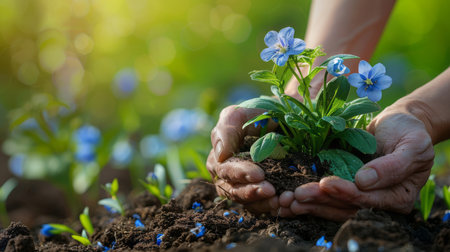 Close up of woman hands planting flower in the garden, selective focusの素材