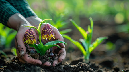 Close up of female hands planting flower in the soil. Selective focus.の素材