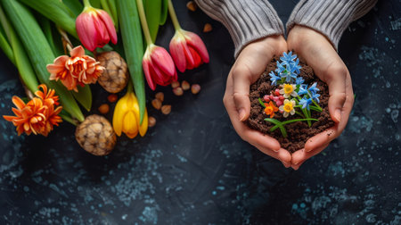 Female hands holding soil with spring flowers on dark background. Top viewの素材