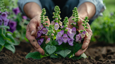Close-up of female hands planting flowers in the garden. Gardening conceptの素材