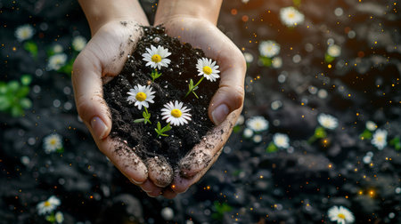 Close up of woman hands holding white daisy flower in soil with sunlightの素材