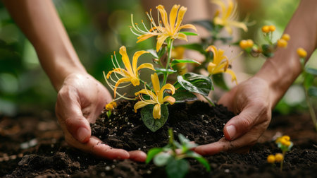Close-up of hands of young woman planting yellow flower in the soilの素材